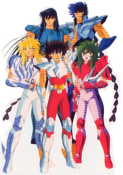 Les cinq chevaliers de bronze.De gauche à droite et de haut en bas : Shiryu, Ikki, Yoga, Seiyar, Shun.